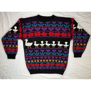 Vintage Ducks Knit Sweater 80s/90s Women's Medium Multicolor Flowers Hearts USA